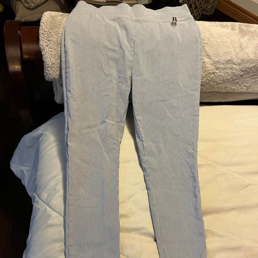 Navy and white pin strip pants